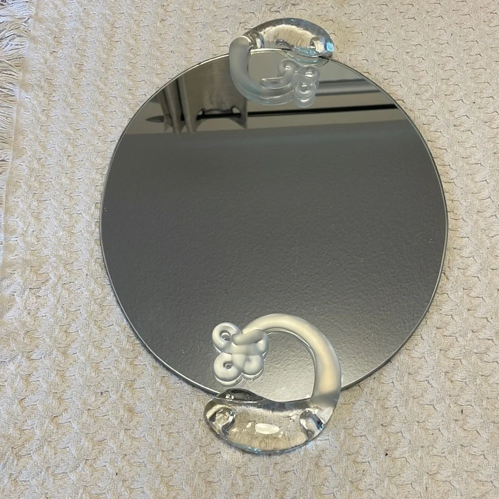 𝅺 Mirrored Round Vanity Tray Frosted Glass Fish Handles and Felt Bottom